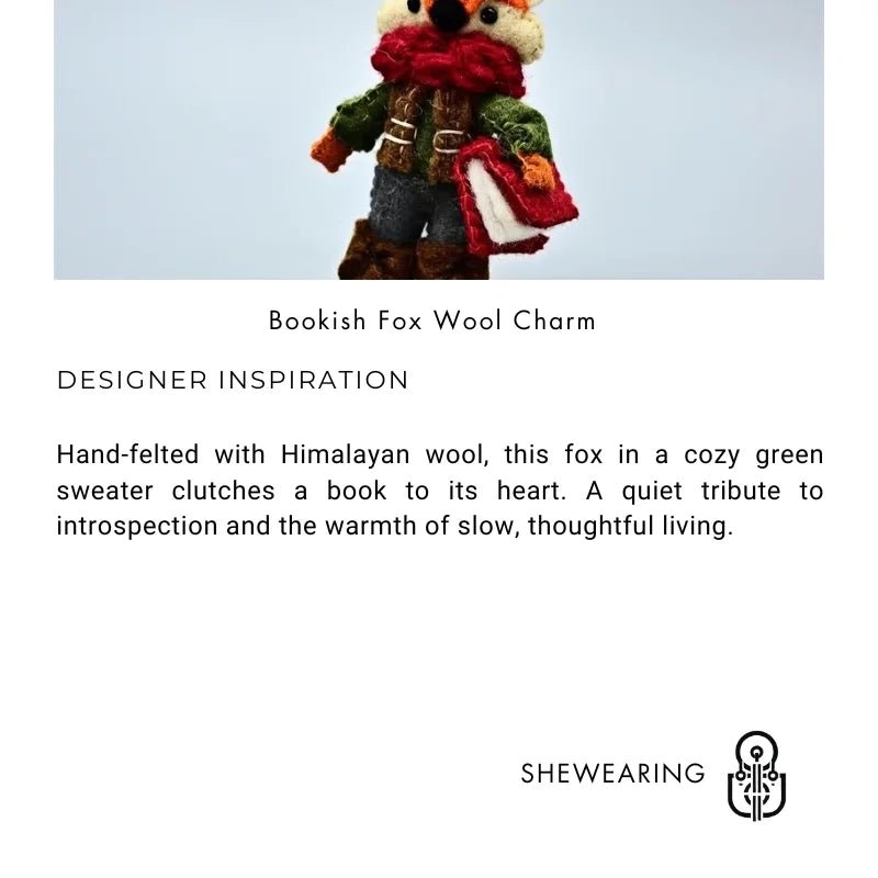 Bookish Fox Wool Charm – Handmade Felt Keychain | Cozy Green Sweater & Book - Loving Design | Slow Living Bag Pendant - shewearing