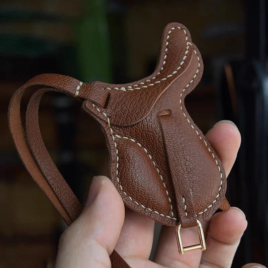 British Saddle - Inspired Leather Bag Charm – Handmade Full - Grain Leather Pendant | Elegant Equestrian Miniature | Luxury Gift for Handbag Lovers - shewearing