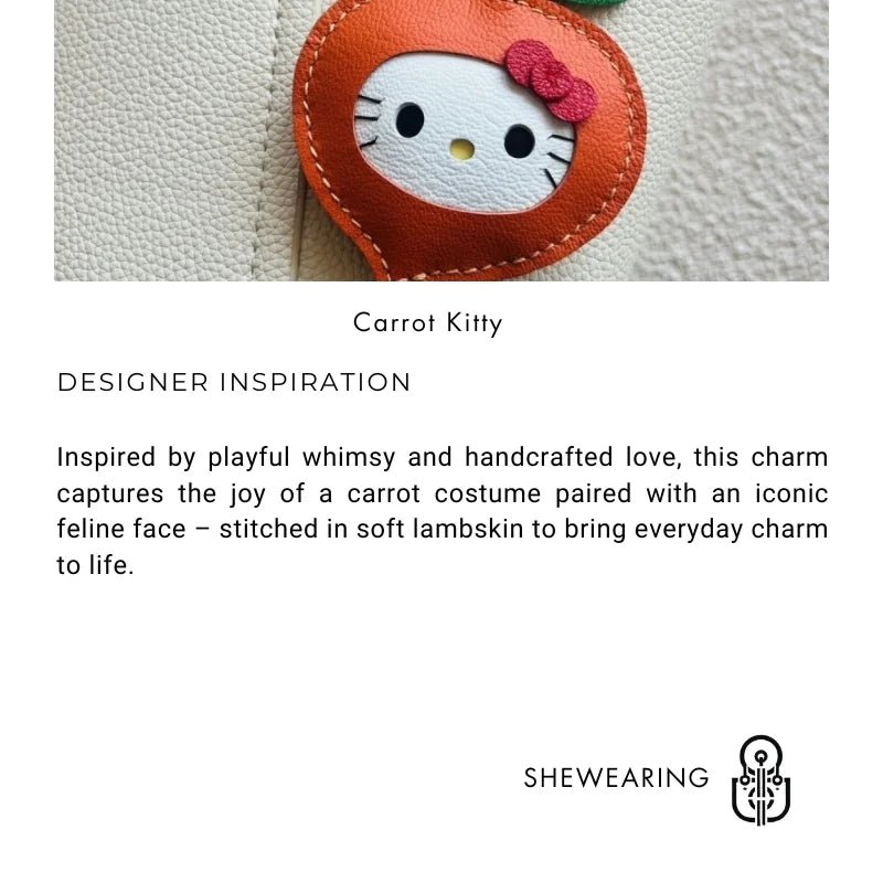 Carrot Kitty Leather Bag Charm – Handmade Lambskin Keychain Accessory | Adorable Cartoon Cat Pendant | Cute Car Purse Charm Gift for Her - shewearing