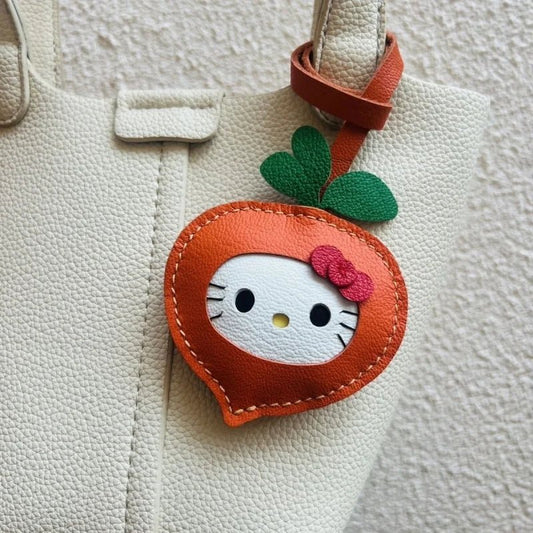 Carrot Kitty Leather Bag Charm – Handmade Lambskin Keychain Accessory | Adorable Cartoon Cat Pendant | Cute Car Purse Charm Gift for Her - shewearing
