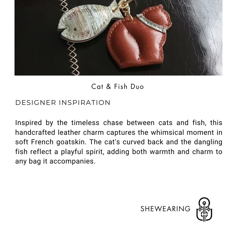 Cat & Fish Leather Bag Charm – Handmade French Goatskin Keychain | Whimsical Duo Pendant | Purse Accessory Gift for Cat Lovers - shewearing