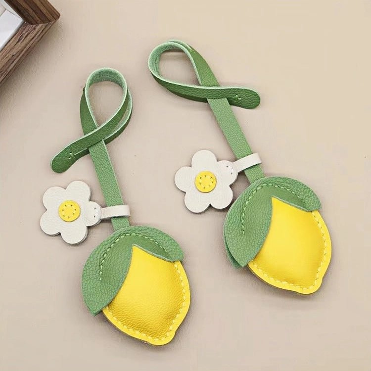 Cheerful Lemon & Orange Bag Charm – Handcrafted Full - Grain Lambskin Accessory with Flower Accent, Perfect for Bags or Keys, Playful and Stylish Gift Idea - shewearing