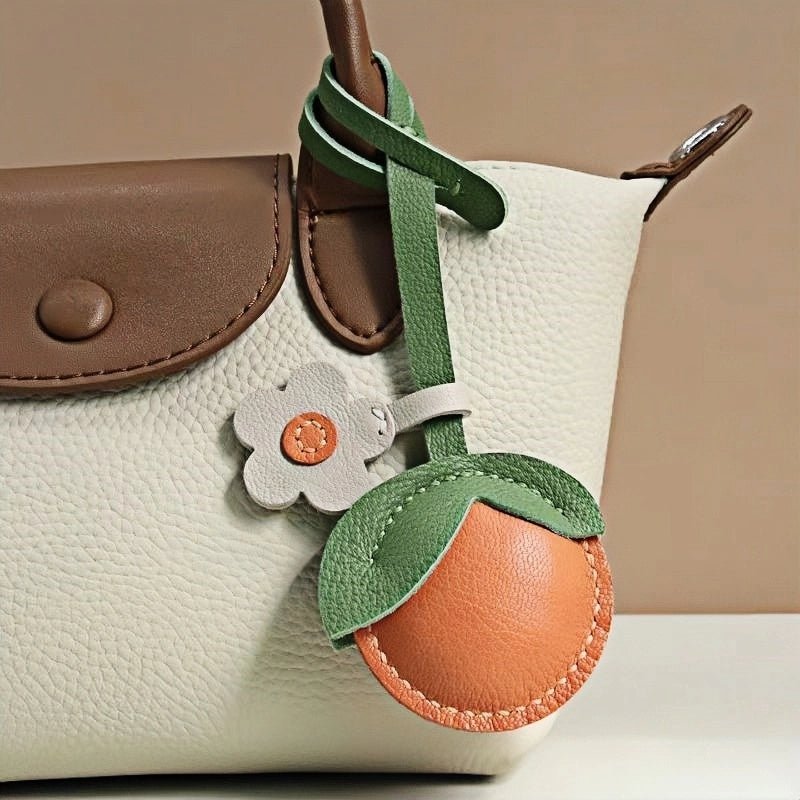 Cheerful Lemon & Orange Bag Charm – Handcrafted Full - Grain Lambskin Accessory with Flower Accent, Perfect for Bags or Keys, Playful and Stylish Gift Idea - shewearing