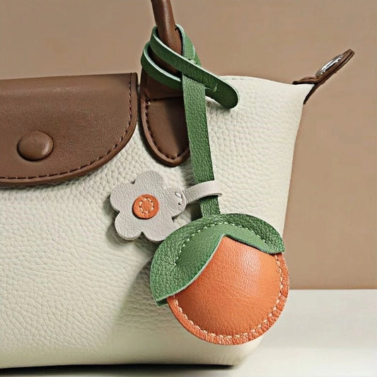 Cheerful Lemon & Orange Bag Charm – Handcrafted Full - Grain Lambskin Accessory with Flower Accent, Perfect for Bags or Keys, Playful and Stylish Gift Idea - shewearing