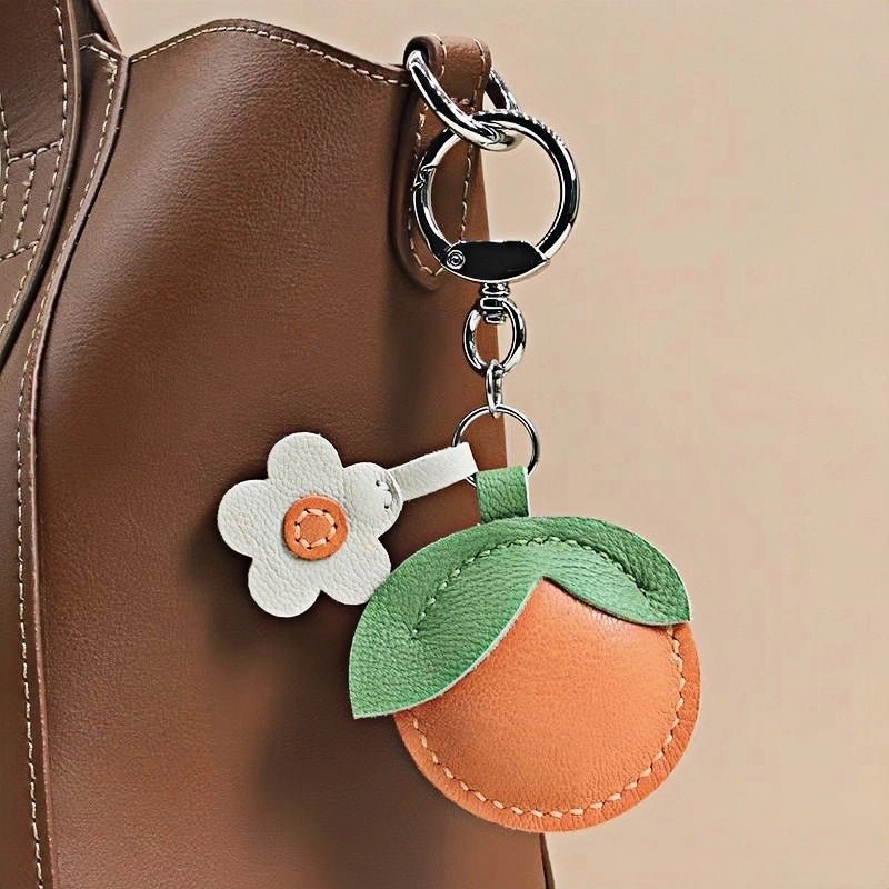 Cheerful Lemon & Orange Bag Charm – Handcrafted Full - Grain Lambskin Accessory with Flower Accent, Perfect for Bags or Keys, Playful and Stylish Gift Idea - shewearing
