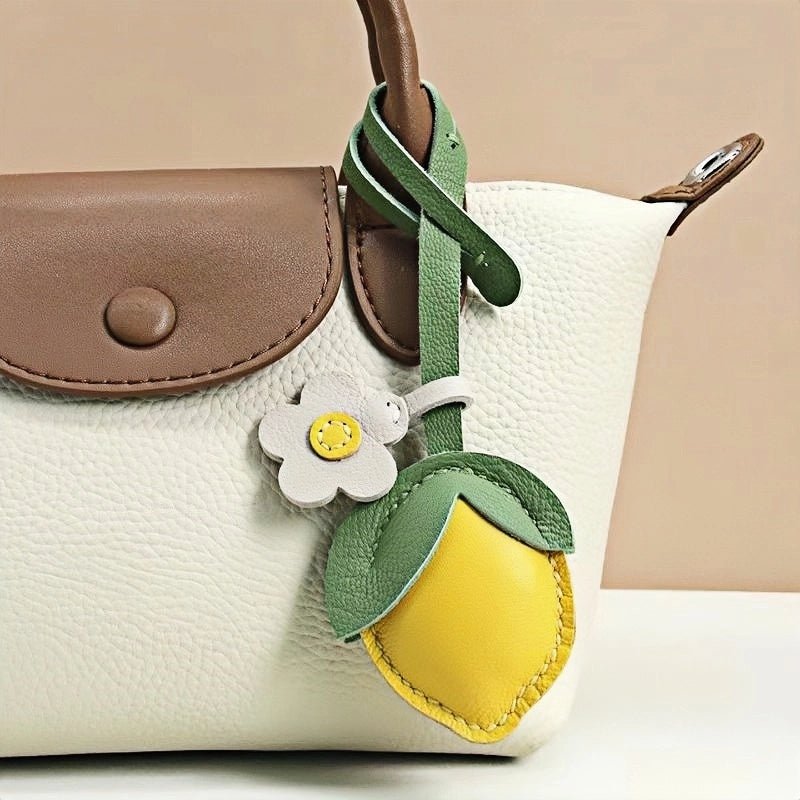 Cheerful Lemon & Orange Bag Charm – Handcrafted Full - Grain Lambskin Accessory with Flower Accent, Perfect for Bags or Keys, Playful and Stylish Gift Idea - shewearing