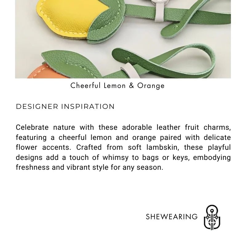 Cheerful Lemon & Orange Bag Charm – Handcrafted Full - Grain Lambskin Accessory with Flower Accent, Perfect for Bags or Keys, Playful and Stylish Gift Idea - shewearing