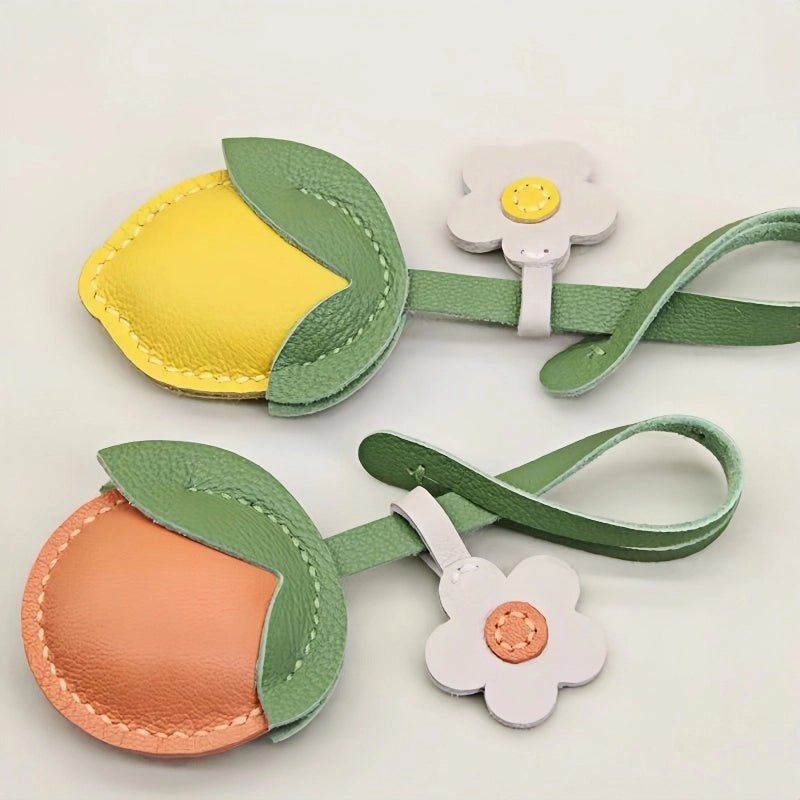 Cheerful Lemon & Orange Bag Charm – Handcrafted Full - Grain Lambskin Accessory with Flower Accent, Perfect for Bags or Keys, Playful and Stylish Gift Idea - shewearing