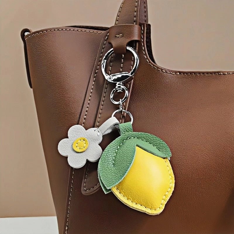 Cheerful Lemon & Orange Bag Charm – Handcrafted Full - Grain Lambskin Accessory with Flower Accent, Perfect for Bags or Keys, Playful and Stylish Gift Idea - shewearing