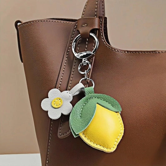 Cheerful Lemon & Orange Bag Charm – Handcrafted Full - Grain Lambskin Accessory with Flower Accent, Perfect for Bags or Keys, Playful and Stylish Gift Idea - shewearing