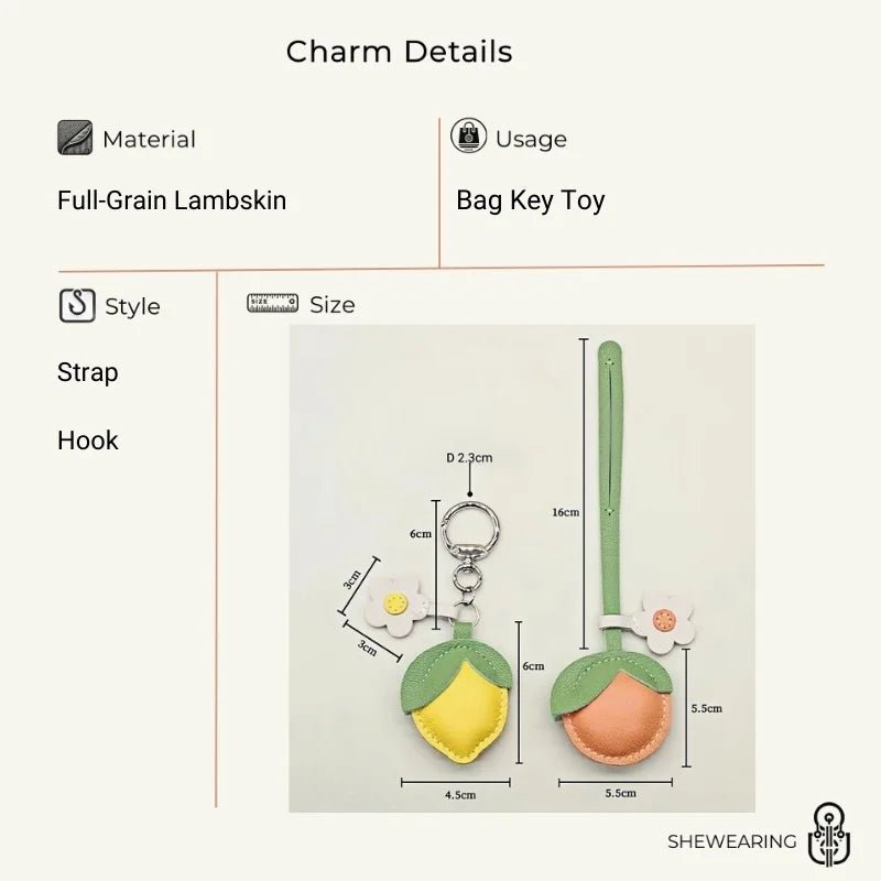 Cheerful Lemon & Orange Bag Charm – Handcrafted Full - Grain Lambskin Accessory with Flower Accent, Perfect for Bags or Keys, Playful and Stylish Gift Idea - shewearing