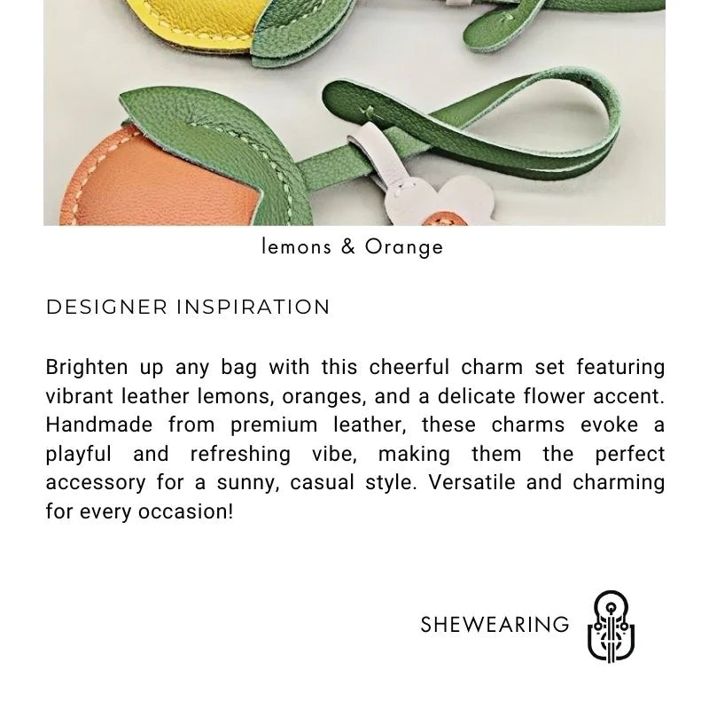 Cheerful Lemon & Orange Bag Charm – Handcrafted Full - Grain Lambskin Accessory with Flower Accent, Perfect for Bags or Keys, Playful and Stylish Gift Idea - shewearing