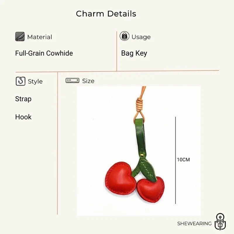 Cherry Leather Bag Charm – Handmade Full - Grain Cowhide Key Accessory, Fruity Elegance for Women - shewearing