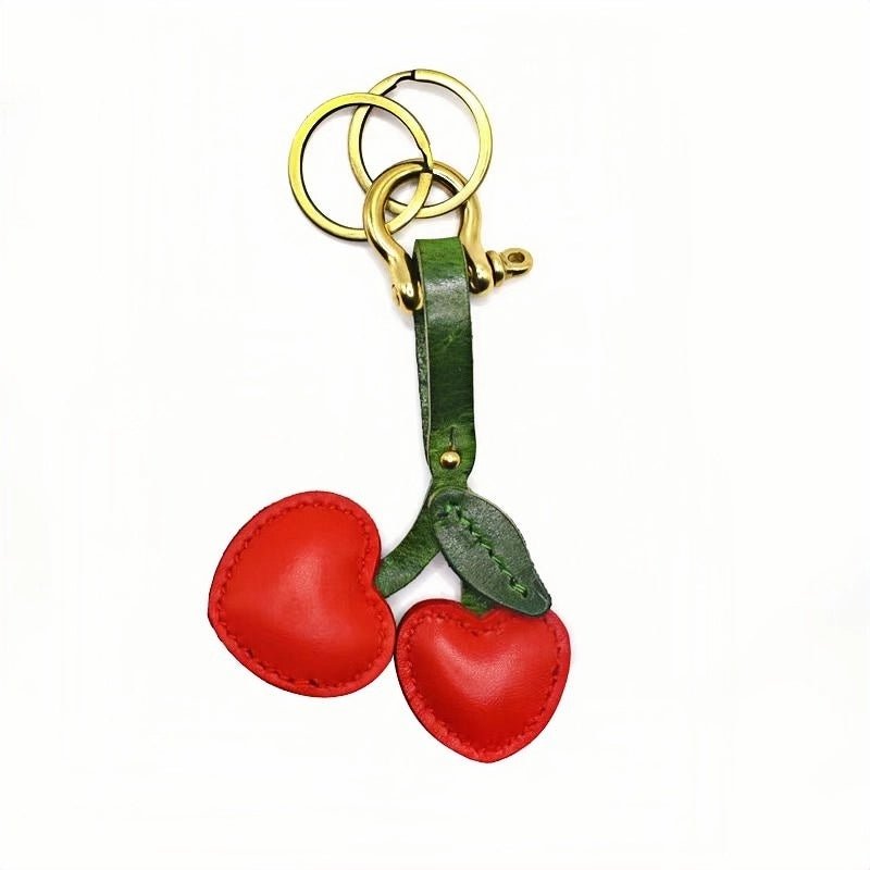 Cherry Leather Bag Charm – Handmade Full - Grain Cowhide Key Accessory, Fruity Elegance for Women - shewearing