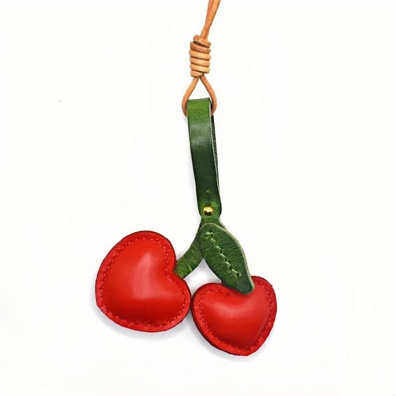Cherry Leather Bag Charm – Handmade Full - Grain Cowhide Key Accessory, Fruity Elegance for Women - shewearing