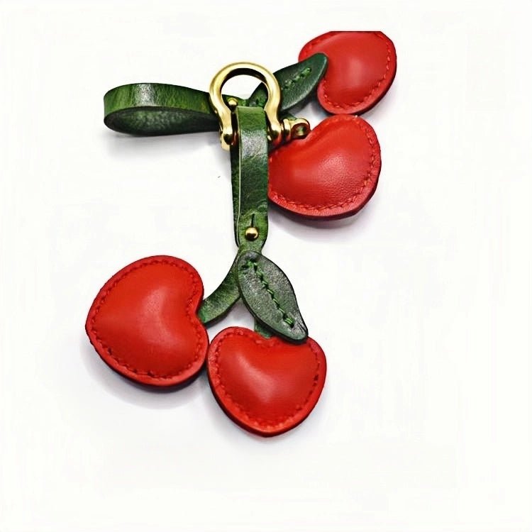 Cherry Leather Bag Charm – Handmade Full - Grain Cowhide Key Accessory, Fruity Elegance for Women - shewearing