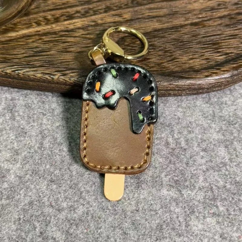 Chocolate Ice Cream Leather Bag Charm – Handmade Full - Grain Cowhide Keychain | Cute Popsicle Pendant for Handbags | Sweet & Stylish Gift Idea - shewearing