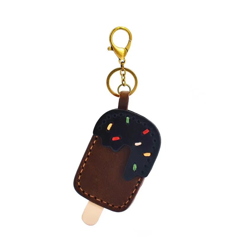 Chocolate Ice Cream Leather Bag Charm – Handmade Full - Grain Cowhide Keychain | Cute Popsicle Pendant for Handbags | Sweet & Stylish Gift Idea - shewearing