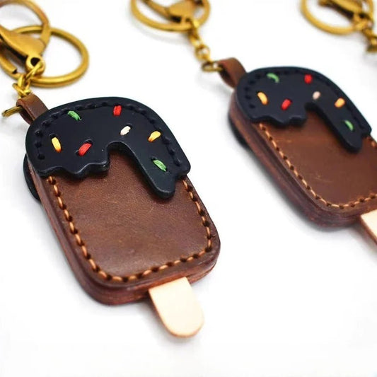 Chocolate Ice Cream Leather Bag Charm – Handmade Full - Grain Cowhide Keychain | Cute Popsicle Pendant for Handbags | Sweet & Stylish Gift Idea - shewearing