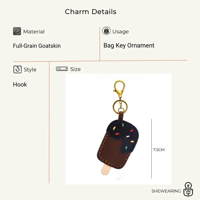 Chocolate Ice Cream Leather Bag Charm – Handmade Full - Grain Cowhide Keychain | Cute Popsicle Pendant for Handbags | Sweet & Stylish Gift Idea - shewearing
