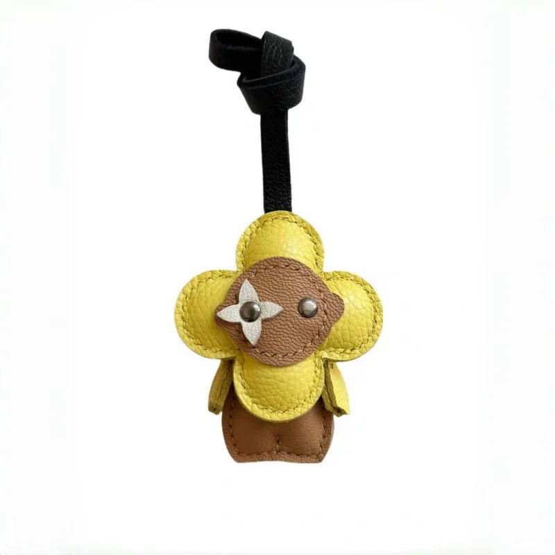Clover Doll Sunflower Leather Bag Charm – Handmade French Lambskin Pendant | Whimsical Cartoon Keychain | Unique Luxury Accessory & Cute Gift for Women - shewearing