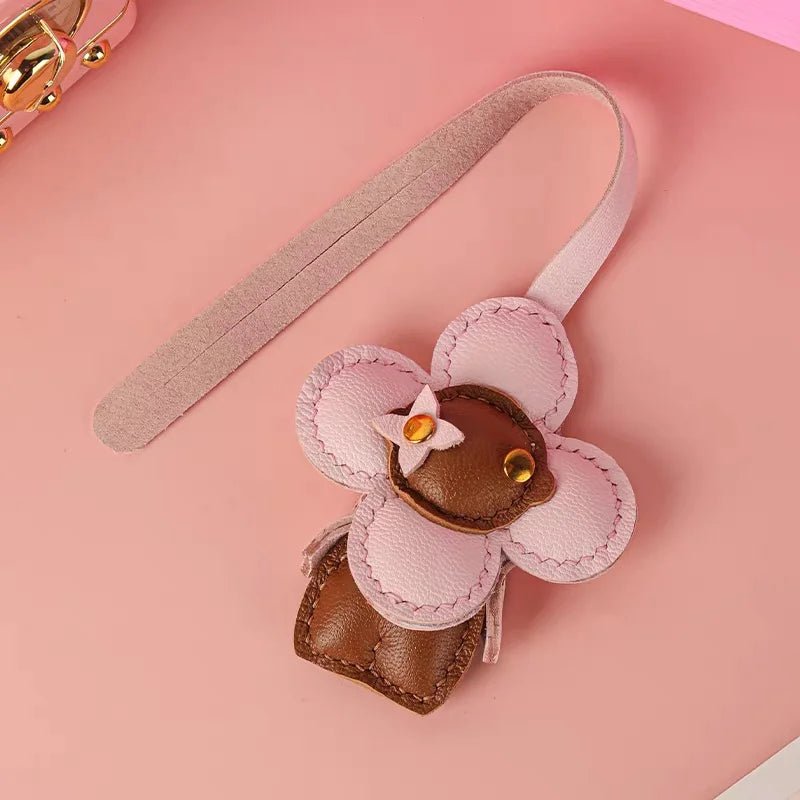 Clover Doll Sunflower Leather Bag Charm – Handmade French Lambskin Pendant | Whimsical Cartoon Keychain | Unique Luxury Accessory & Cute Gift for Women - shewearing