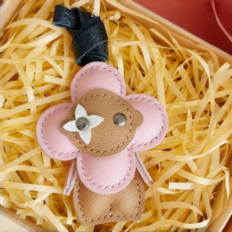 Clover Doll Sunflower Leather Bag Charm – Handmade French Lambskin Pendant | Whimsical Cartoon Keychain | Unique Luxury Accessory & Cute Gift for Women - shewearing