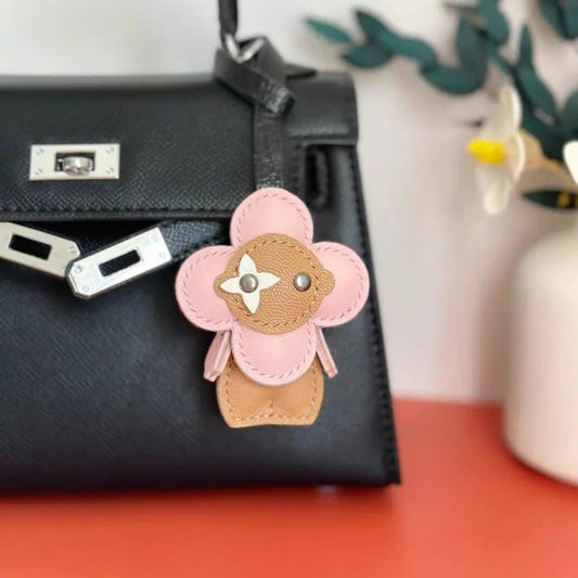 Clover Doll Sunflower Leather Bag Charm – Handmade French Lambskin Pendant | Whimsical Cartoon Keychain | Unique Luxury Accessory & Cute Gift for Women - shewearing