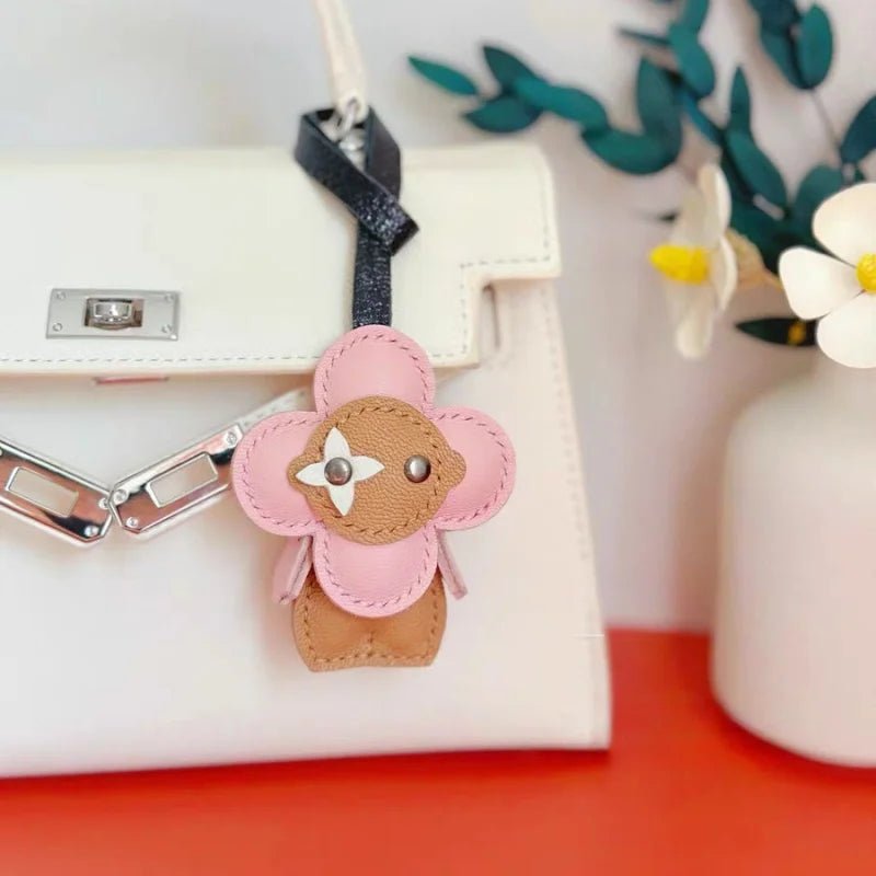 Clover Doll Sunflower Leather Bag Charm – Handmade French Lambskin Pendant | Whimsical Cartoon Keychain | Unique Luxury Accessory & Cute Gift for Women - shewearing