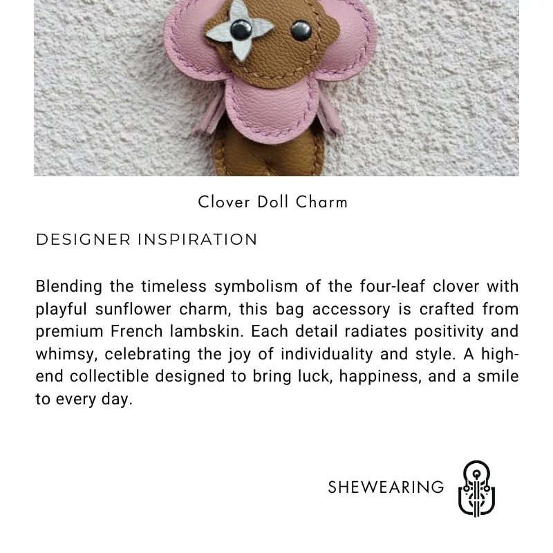 Clover Doll Sunflower Leather Bag Charm – Handmade French Lambskin Pendant | Whimsical Cartoon Keychain | Unique Luxury Accessory & Cute Gift for Women - shewearing