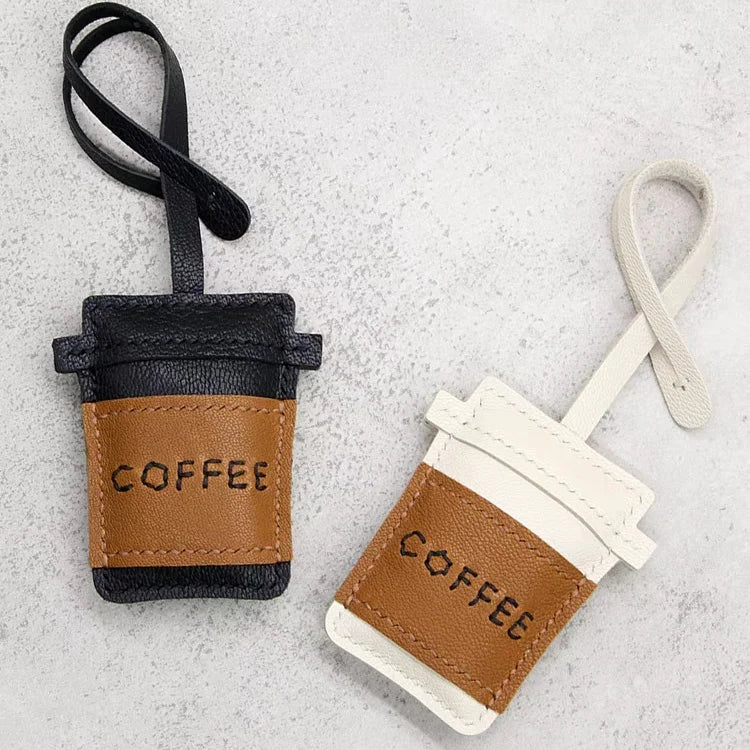 Coffee Cup Leather Bag Charm – Handcrafted Lambskin Pendant with Cartoon Coffee Bean Design | Cute Keychain & Purse Accessory | 16 Styles Available - shewearing