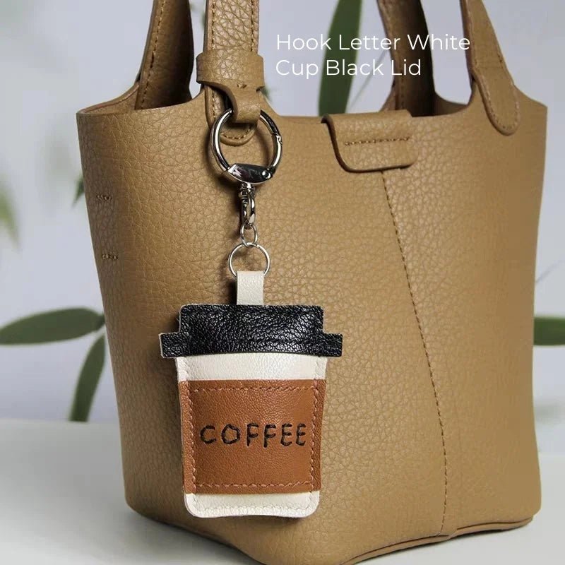 Coffee Cup Leather Bag Charm – Handcrafted Lambskin Pendant with Cartoon Coffee Bean Design | Cute Keychain & Purse Accessory | 16 Styles Available - shewearing