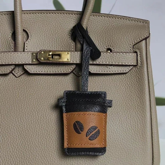 Coffee Cup Leather Bag Charm – Handcrafted Lambskin Pendant with Cartoon Coffee Bean Design | Cute Keychain & Purse Accessory | 16 Styles Available - shewearing