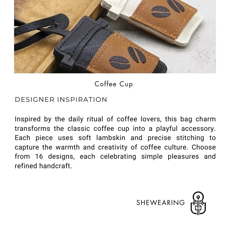 Coffee Cup Leather Bag Charm – Handcrafted Lambskin Pendant with Cartoon Coffee Bean Design | Cute Keychain & Purse Accessory | 16 Styles Available - shewearing