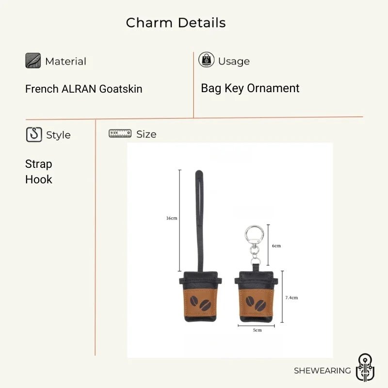 Coffee Cup Leather Bag Charm – Handcrafted Lambskin Pendant with Cartoon Coffee Bean Design | Cute Keychain & Purse Accessory | 16 Styles Available - shewearing