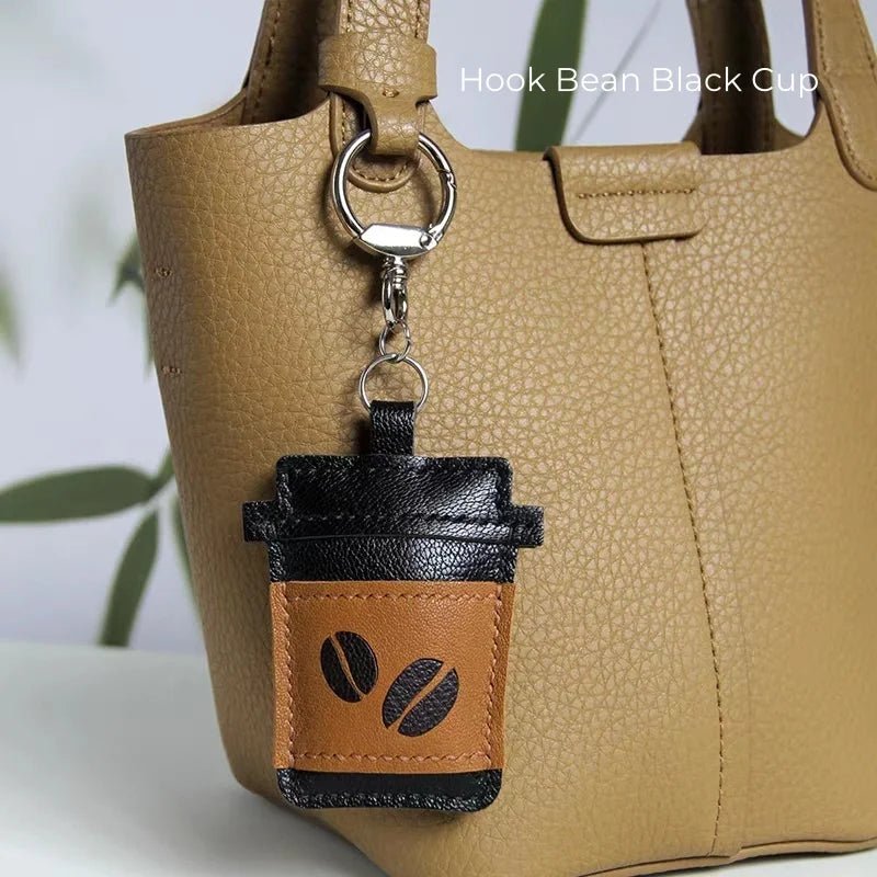 Coffee Cup Leather Bag Charm – Handcrafted Lambskin Pendant with Cartoon Coffee Bean Design | Cute Keychain & Purse Accessory | 16 Styles Available - shewearing