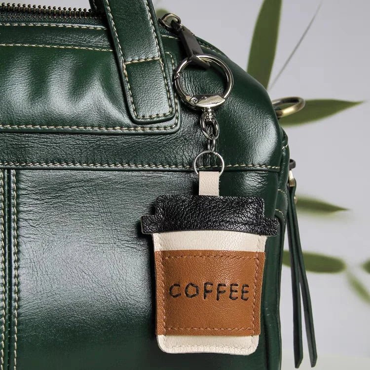 Coffee Cup Leather Bag Charm – Handcrafted Lambskin Pendant with Cartoon Coffee Bean Design | Cute Keychain & Purse Accessory | 16 Styles Available - shewearing