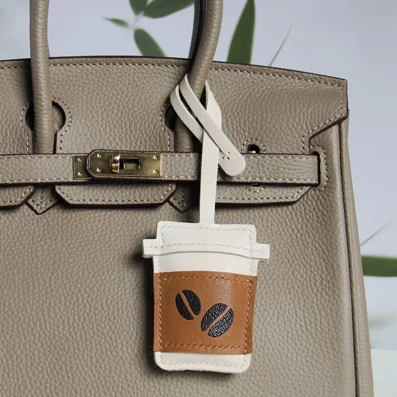 Coffee Cup Leather Bag Charm – Handcrafted Lambskin Pendant with Cartoon Coffee Bean Design | Cute Keychain & Purse Accessory | 16 Styles Available - shewearing