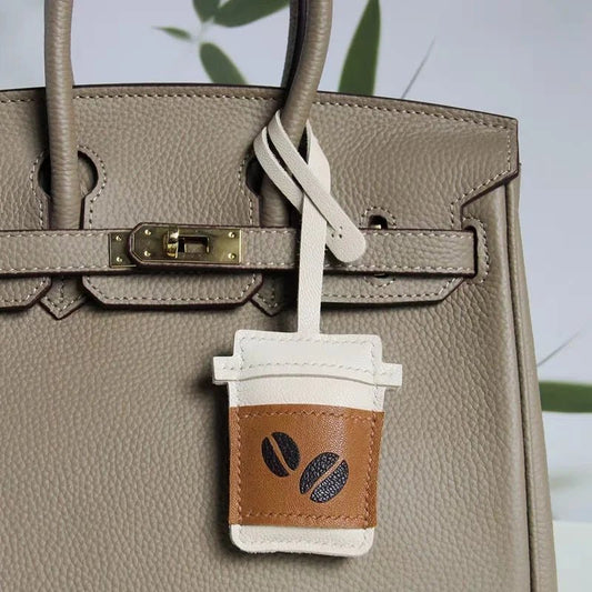 Coffee Cup Leather Bag Charm – Handcrafted Lambskin Pendant with Cartoon Coffee Bean Design | Cute Keychain & Purse Accessory | 16 Styles Available - shewearing