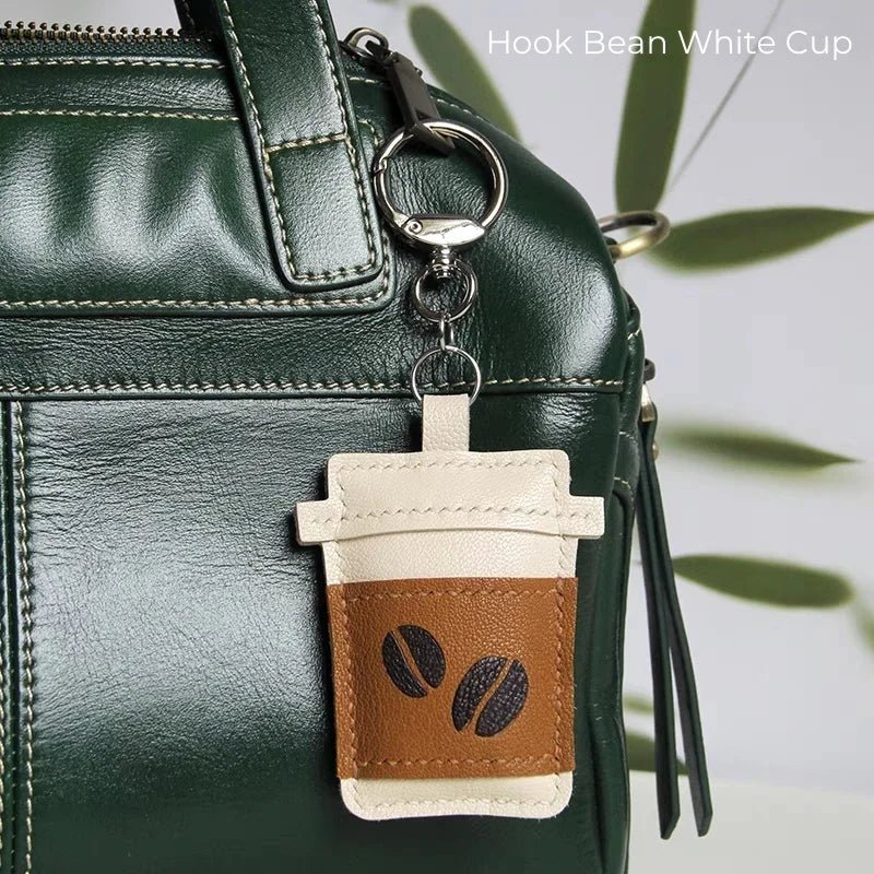 Coffee Cup Leather Bag Charm – Handcrafted Lambskin Pendant with Cartoon Coffee Bean Design | Cute Keychain & Purse Accessory | 16 Styles Available - shewearing