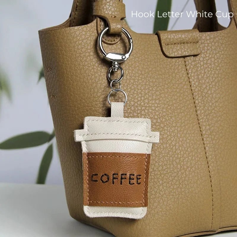 Coffee Cup Leather Bag Charm – Handcrafted Lambskin Pendant with Cartoon Coffee Bean Design | Cute Keychain & Purse Accessory | 16 Styles Available - shewearing