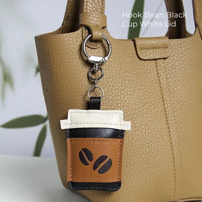 Coffee Cup Leather Bag Charm – Handcrafted Lambskin Pendant with Cartoon Coffee Bean Design | Cute Keychain & Purse Accessory | 16 Styles Available - shewearing