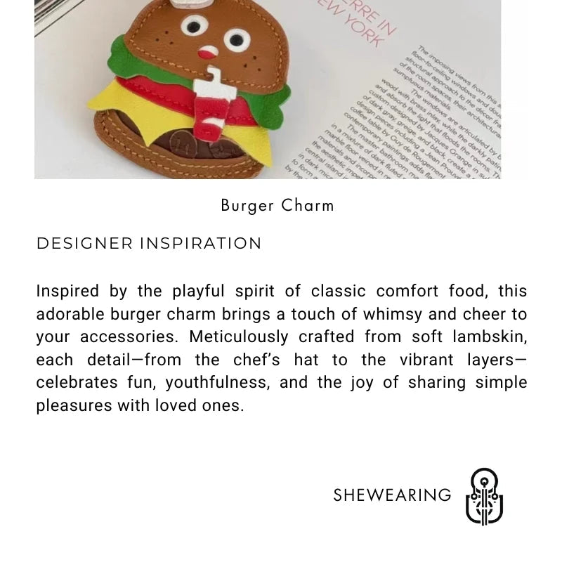 Cute Burger Lambskin Bag Charm – Handcrafted Leather Hamburger Pendant | Playful Couple Gift & Keychain | Trendy INS - Style Purse Accessory - shewearing