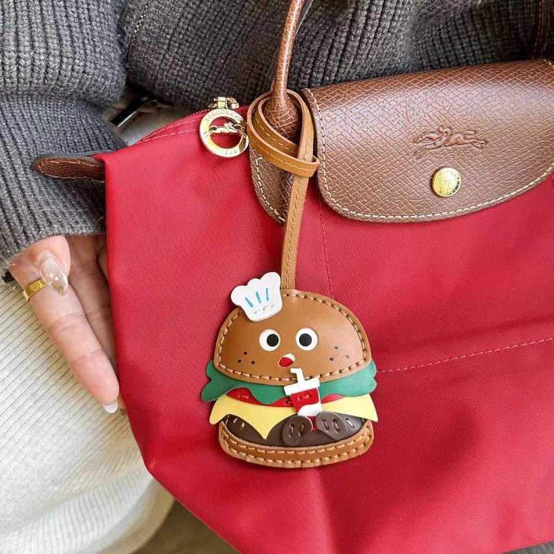 Cute Burger Lambskin Bag Charm – Handcrafted Leather Hamburger Pendant | Playful Couple Gift & Keychain | Trendy INS - Style Purse Accessory - shewearing