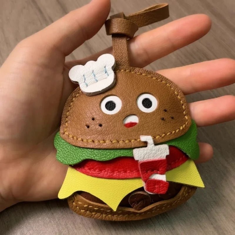 Cute Burger Lambskin Bag Charm – Handcrafted Leather Hamburger Pendant | Playful Couple Gift & Keychain | Trendy INS - Style Purse Accessory - shewearing