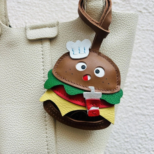 Cute Burger Lambskin Bag Charm – Handcrafted Leather Hamburger Pendant | Playful Couple Gift & Keychain | Trendy INS - Style Purse Accessory - shewearing