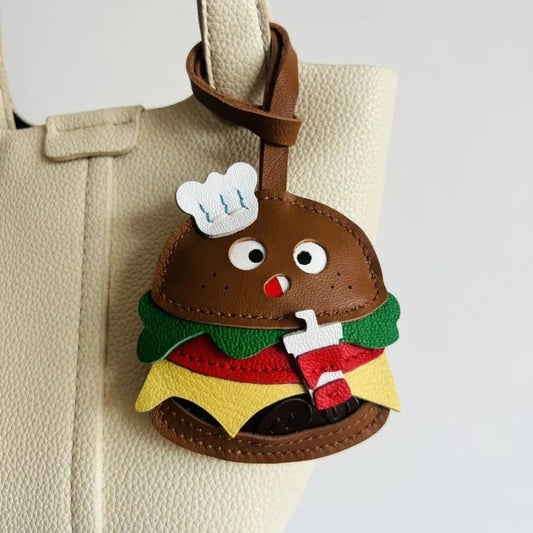 Cute Burger Lambskin Bag Charm – Handcrafted Leather Hamburger Pendant | Playful Couple Gift & Keychain | Trendy INS - Style Purse Accessory - shewearing