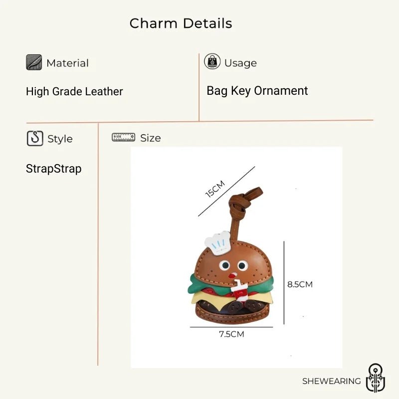 Cute Burger Lambskin Bag Charm – Handcrafted Leather Hamburger Pendant | Playful Couple Gift & Keychain | Trendy INS - Style Purse Accessory - shewearing