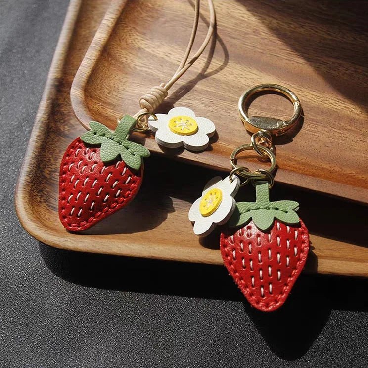 Cute Strawberry Leather Bag Charm – Handcrafted Fruit - Inspired Pendant with Daisy Detail | Playful Keychain Accessory | Lovely Gift for Women - shewearing