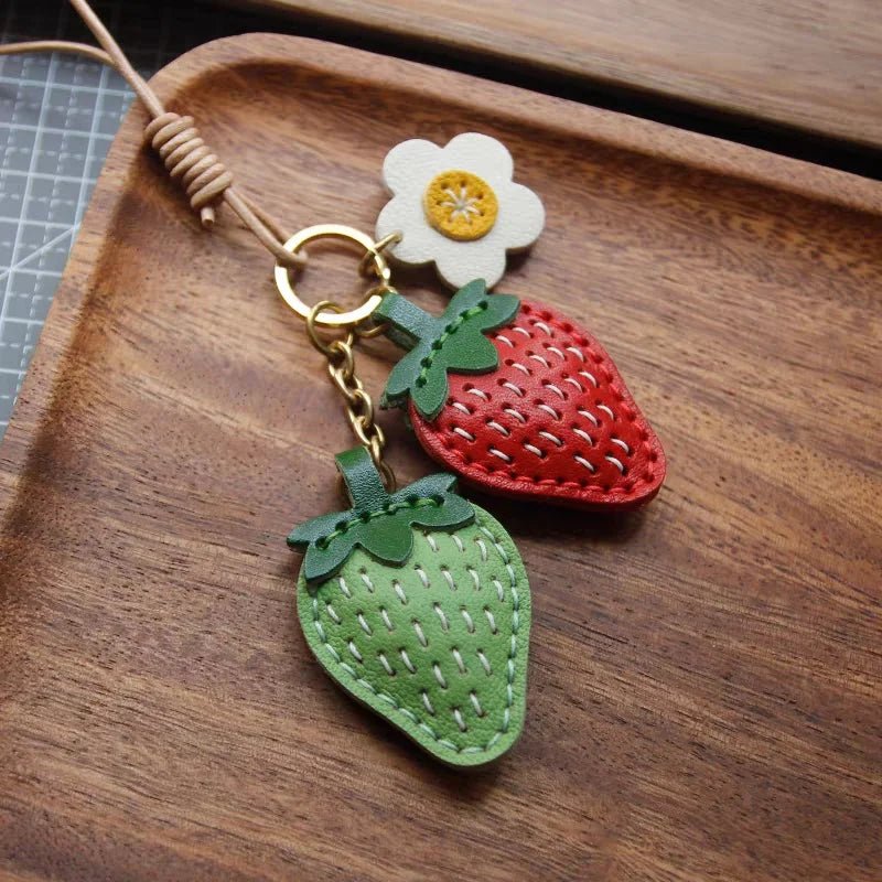 Cute Strawberry Leather Bag Charm – Handcrafted Fruit - Inspired Pendant with Daisy Detail | Playful Keychain Accessory | Lovely Gift for Women - shewearing